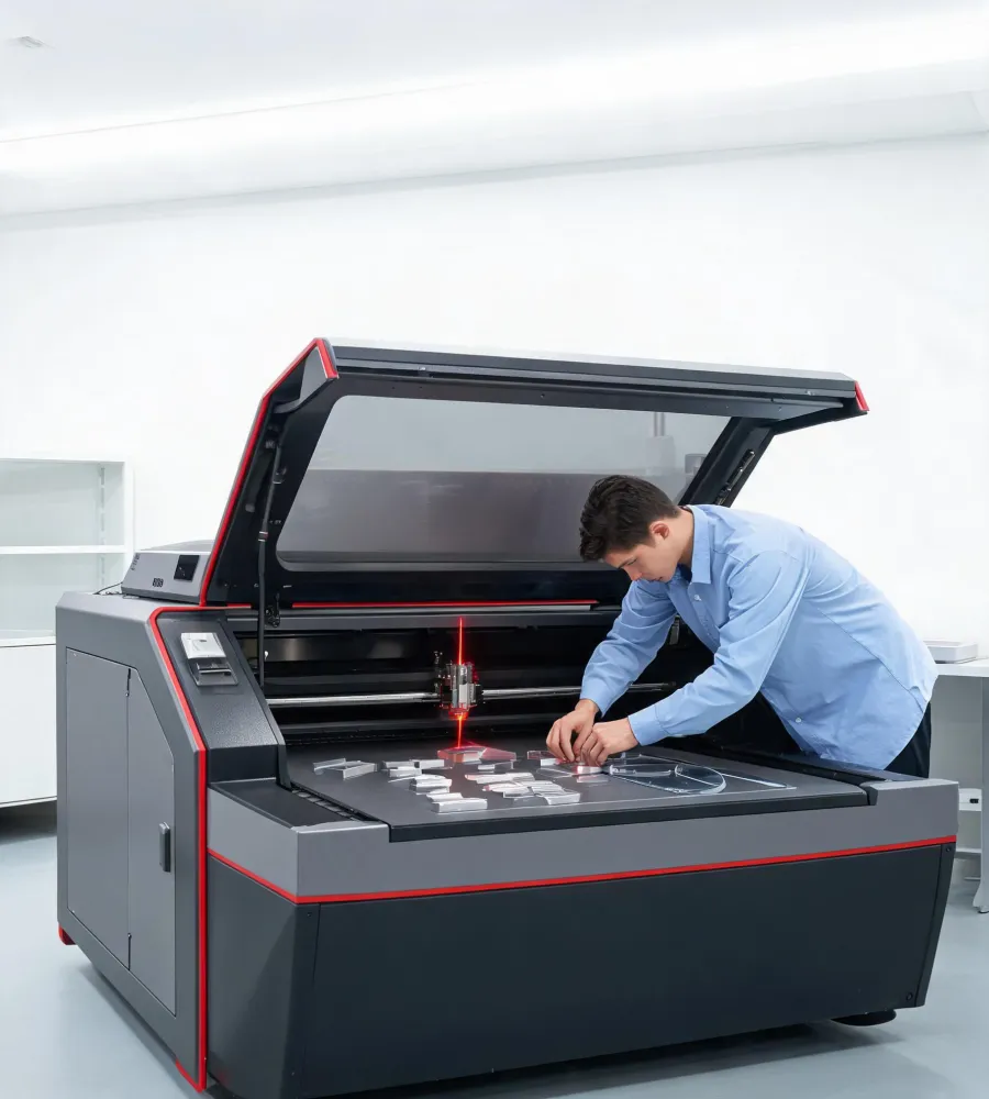 Operator setting up an Epilog Laser engraving machine
