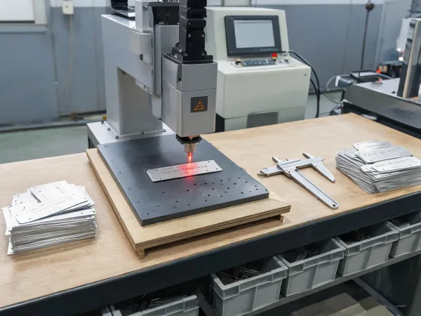 Industrial identification plates being laser marked